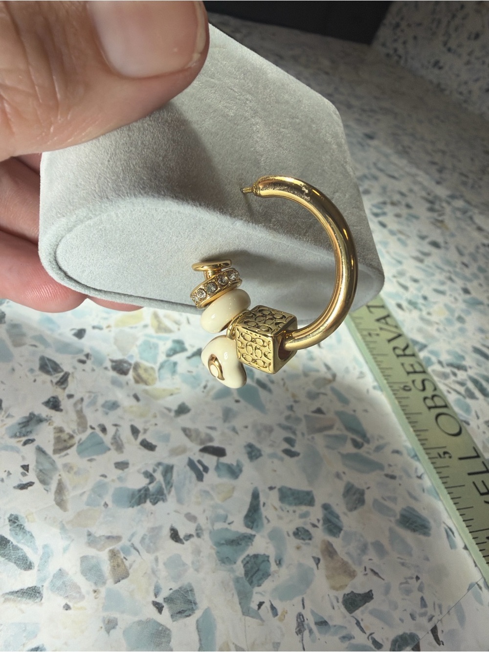 Coach Gold Tone Charm Hoop Earrings Heart Logo Dangle Bead Charms #46 - Picture 2 of 3